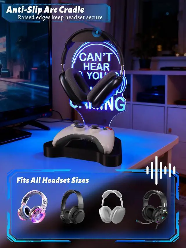 Alt view image 5 of 7 - Light Up Headphone Stand, Headphones Holder with 16 Color Lights, Gamer Gifts for Boys Men Father Dad, Gaming Headset Stand with Game Controller Storage Base for Desk Bedroom Gaming Room