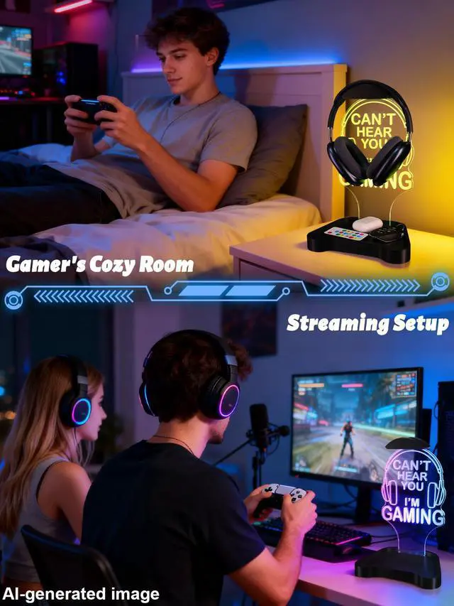 Alt view image 4 of 7 - Light Up Headphone Stand, Headphones Holder with 16 Color Lights, Gamer Gifts for Boys Men Father Dad, Gaming Headset Stand with Game Controller Storage Base for Desk Bedroom Gaming Room