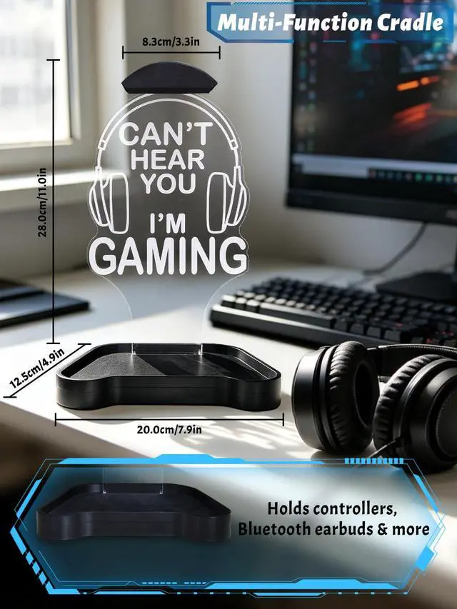 Alt view image 7 of 7 - Light Up Headphone Stand, Headphones Holder with 16 Color Lights, Gamer Gifts for Boys Men Father Dad, Gaming Headset Stand with Game Controller Storage Base for Desk Bedroom Gaming Room