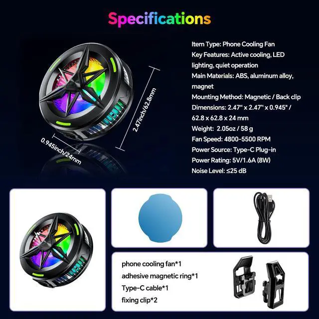 Alt view image 7 of 7 - 2-in-1 Magnetic & Clip-On USB Phone Cooler for Gaming, Semiconductor Cell Phone Cooling Fan Radiator for iPhone/Android/iPad/Tablet Ideal for Gaming, Video Calls, Live Broadcasting, and Vlog