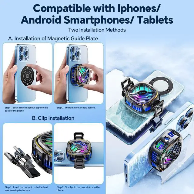 Alt view image 7 of 7 - Magnetic Cell Phone Cooler, RGB Phone Cooling Fan Portable Lightweight Mobile Phone Cooling Fan, Phone Radiator with Larger Cooling Area for Phone/Tablet/IPad (with Digital displays)