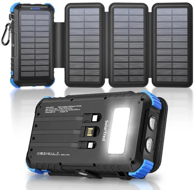 Main image of Power Bank 20000mAh with 4 Panels, Portable Solar Charger with Build-in 3 Cables for iPhone, USB C in/Output 15W Fast Charging External Battery Pack with Flashlight & Camping Light