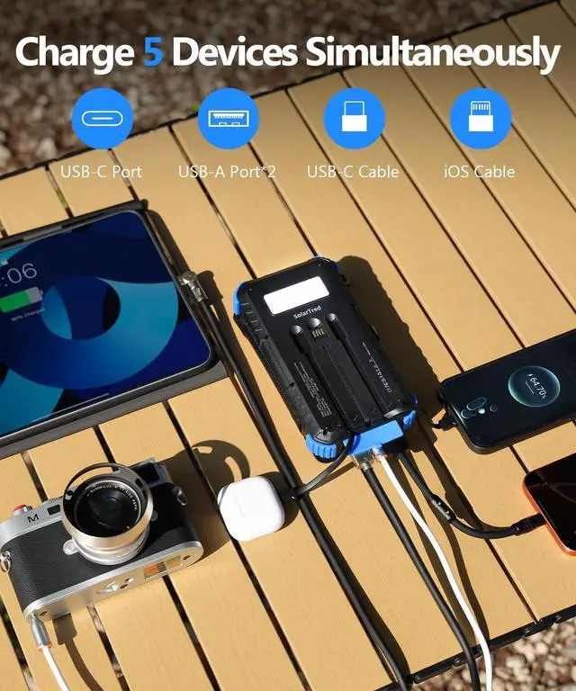 Alt view image 3 of 7 - Power Bank 20000mAh with 4 Panels, Portable Solar Charger with Build-in 3 Cables for iPhone, USB C in/Output 15W Fast Charging External Battery Pack with Flashlight & Camping Light
