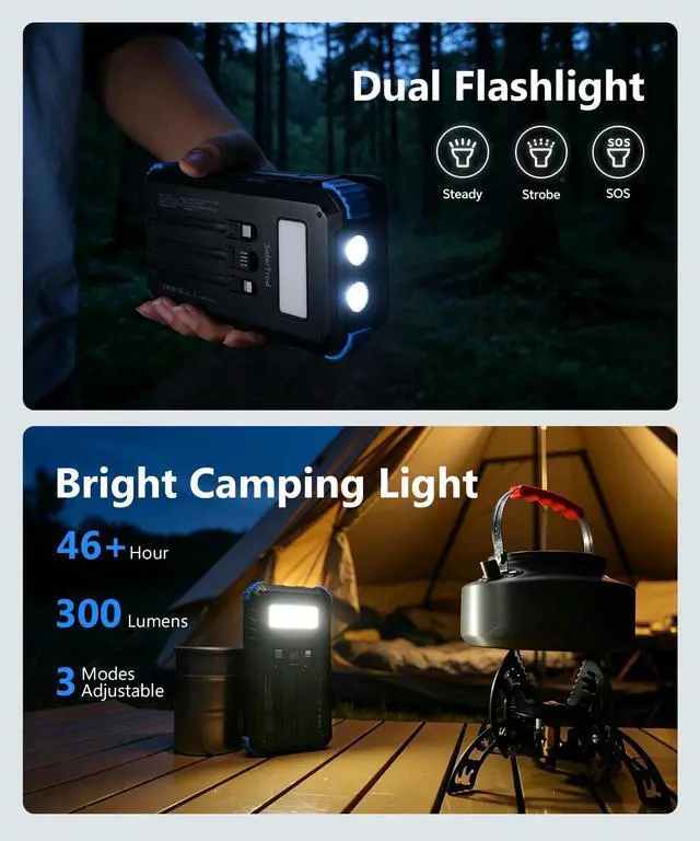 Alt view image 5 of 7 - Power Bank 20000mAh with 4 Panels, Portable Solar Charger with Build-in 3 Cables for iPhone, USB C in/Output 15W Fast Charging External Battery Pack with Flashlight & Camping Light