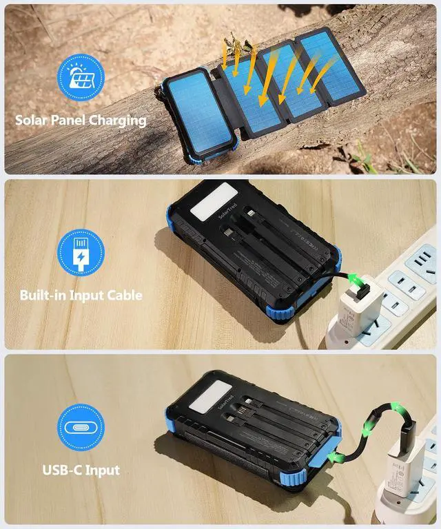 Alt view image 7 of 7 - Power Bank 20000mAh with 4 Panels, Portable Solar Charger with Build-in 3 Cables for iPhone, USB C in/Output 15W Fast Charging External Battery Pack with Flashlight & Camping Light