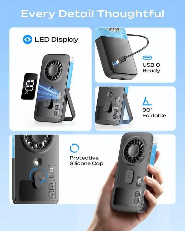 Alt view image 7 of 7 - 2 Pack Mini Handheld Misting Fan Portable, Small Rechargeable Hand Held Portable Fan with Water Mist, 4 Speeds, LED Display, Foldable Stand, Personal Mister Cooling for Travel Indoor Outdoor