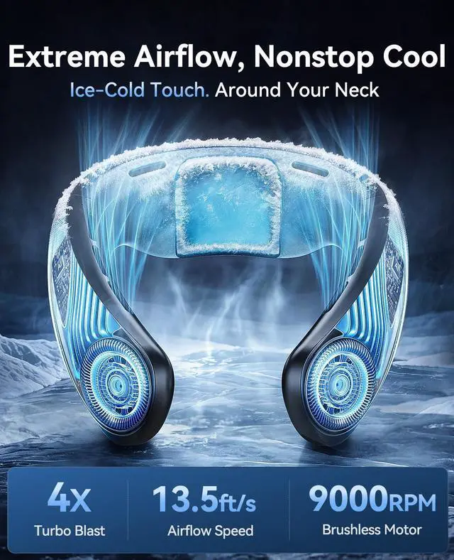 Alt view image 2 of 7 - Neck Air Conditioner, Portable Neck Fan with Large Cooling Area, 22H Max Cooling, 100 Speeds, 6000mAh Battery, Digital Display, Wearable Fan for Outdoor Work, Office & Travel Black