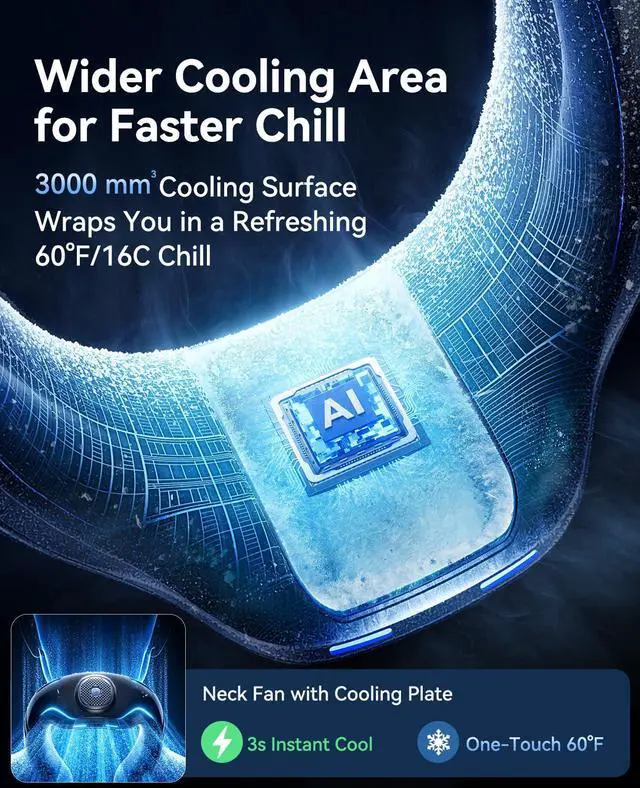 Alt view image 3 of 7 - Neck Air Conditioner, Portable Neck Fan with Large Cooling Area, 22H Max Cooling, 100 Speeds, 6000mAh Battery, Digital Display, Wearable Fan for Outdoor Work, Office & Travel Black