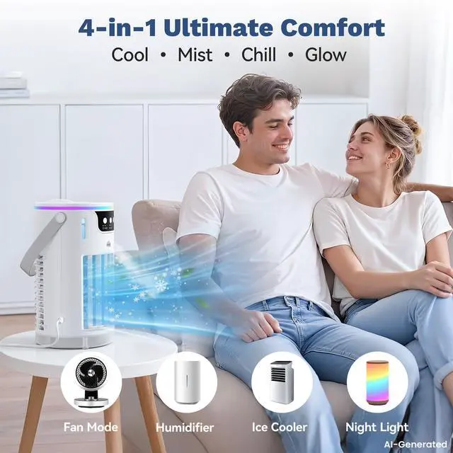 Alt view image 2 of 7 - Portable Air Conditioners, AC Fan Mini Evaporative Air Cooler 1200ML with Ice Cooling Mist Personal Air Conditioner Quiet for Bedroom, Home Office Desk and Car Camping