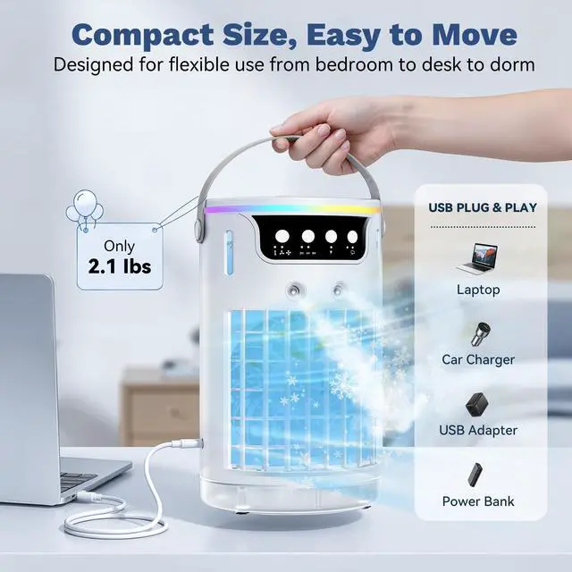 Alt view image 7 of 7 - Portable Air Conditioners, AC Fan Mini Evaporative Air Cooler 1200ML with Ice Cooling Mist Personal Air Conditioner Quiet for Bedroom, Home Office Desk and Car Camping