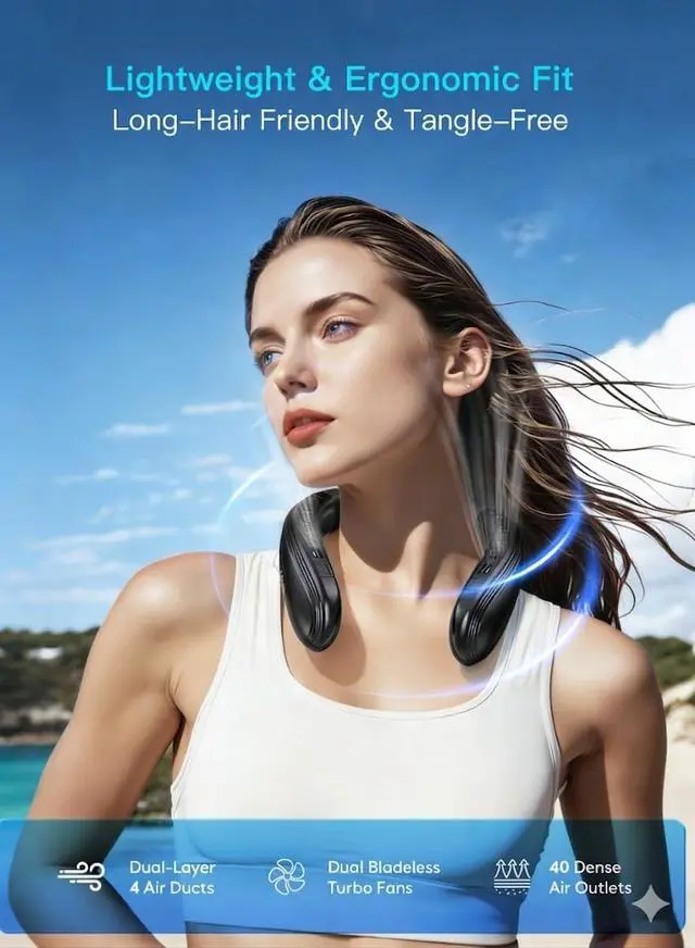 Alt view image 4 of 7 - Neck Air Conditioner Portable, Neck Fan with Large Cooling Plate & NTC Control,Upward & Downward Back Airflow, 6000mAh Bladeless Wearable Fan for Outdoor, Travel, Office, Golf
