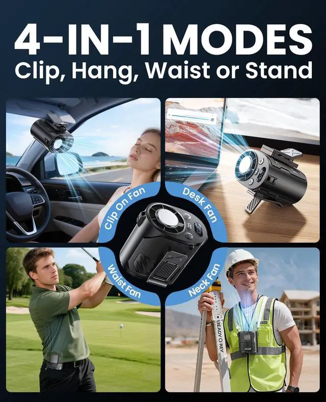 Alt view image 4 of 7 - Portable Waist Fan with Ice Cooling, 4-in-1 Clip-On Fan for Car/Shirt/Hat/Belt, 16000RPM Strong Airflow, 12H Runtime, 100 Speed Settings, Wearable Fan for Outdoor Work, Camping, Travel Black