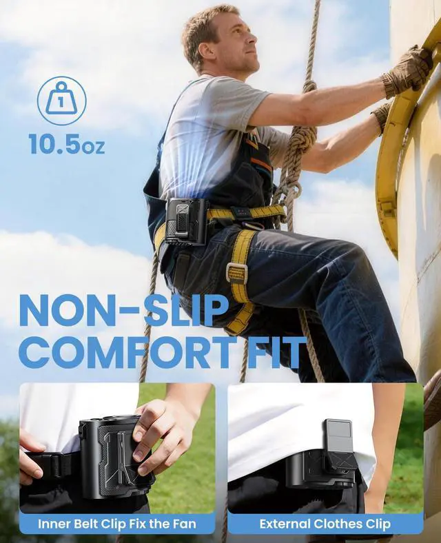 Alt view image 7 of 7 - Portable Waist Fan with Ice Cooling, 4-in-1 Clip-On Fan for Car/Shirt/Hat/Belt, 16000RPM Strong Airflow, 12H Runtime, 100 Speed Settings, Wearable Fan for Outdoor Work, Camping, Travel Black