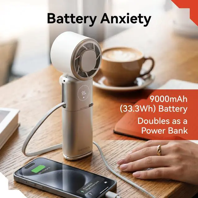 Alt view image 7 of 7 - Pro Metal Ice Fan with Cooling Plate & 9000mAh Power Bank, 10500 RPM 100-Speed Handheld Fan, 22.5W Fast Charge, USB-C Cable & Flashlight for Travel & Summer