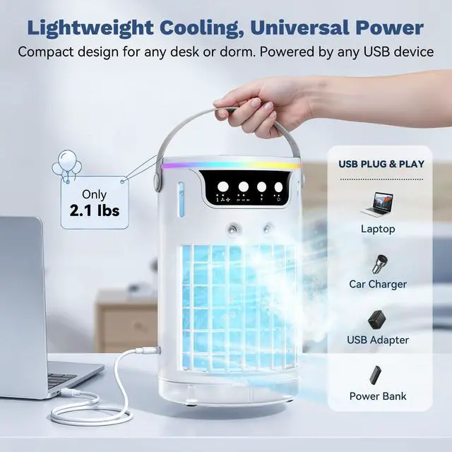 Alt view image 4 of 5 - Portable Air Conditioners, Personal Evaporative Air Cooler 1200ML with Ice Cooling Mist Fans That Blow Cold Air Like AC Mini AC Unit for Bedroom, Home Office Desk and Car RV (White)