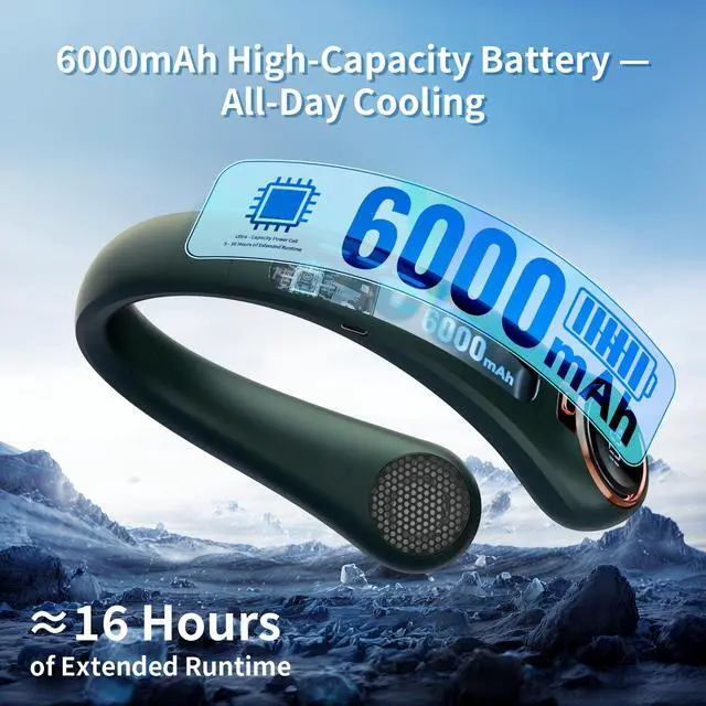 Alt view image 3 of 6 - Portable Neck Fan, 6000mAh Rechargeable Fan Blows Cold Air with LED Display, 4 Speeds, 20H Runtime, Quiet Wearable 360° Personal Cooling Fan for Outdoor Travel Work Gym-Sea Green