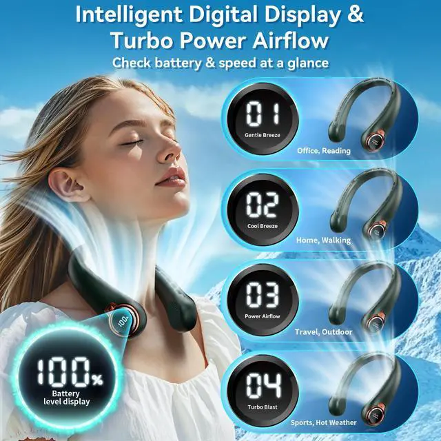Alt view image 4 of 6 - Portable Neck Fan, 6000mAh Rechargeable Fan Blows Cold Air with LED Display, 4 Speeds, 20H Runtime, Quiet Wearable 360° Personal Cooling Fan for Outdoor Travel Work Gym-Sea Green