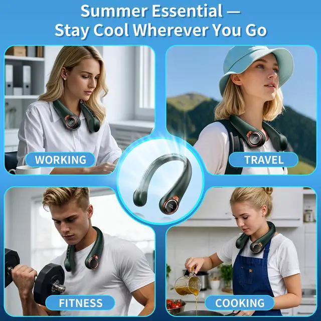Alt view image 6 of 6 - Portable Neck Fan, 6000mAh Rechargeable Fan Blows Cold Air with LED Display, 4 Speeds, 20H Runtime, Quiet Wearable 360° Personal Cooling Fan for Outdoor Travel Work Gym-Sea Green