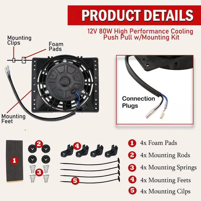 Alt view image 5 of 7 - 6 Inch Small Slim Push Pull Electric Cooling Fan 650CFM Radiator Oil Cooler Mount Kit Black 2Pcs