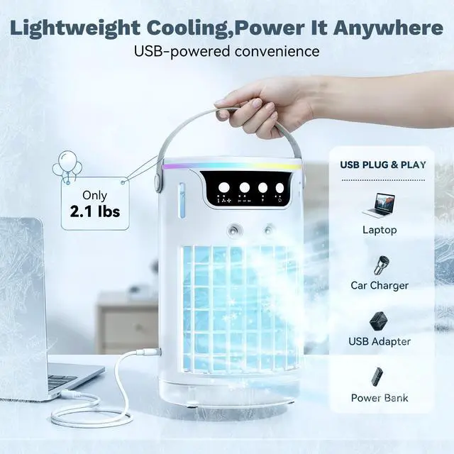 Alt view image 7 of 7 - Portable Air Conditioners, AC Fan Mini Evaporative Air Cooler 1200ML with Ice Cooling Mist Personal Air Conditioner Quiet for Bedroom, Home Office Desk (white)