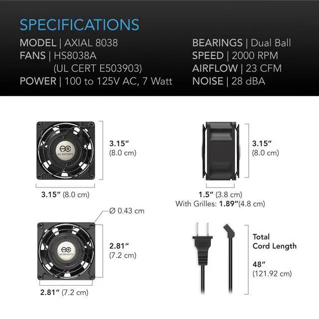 Alt view image 6 of 7 - AXIAL 8038, Quiet Muffin Fan, 120V AC 80mm x 38mm Low Speed, UL-Certified for DIY Cooling Ventilation Exhaust Projects