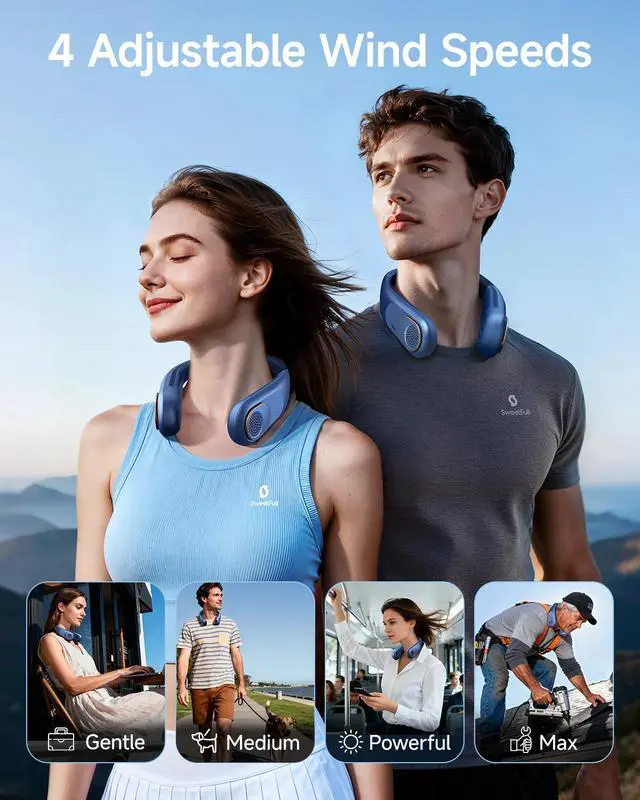 Alt view image 2 of 7 - Portable Neck Fan: 5200mAh Bladeless Personal Fan | 4 Speeds, 20H Max Runtime, No Hair Twist Quiet Wearable Fan for Travel | Birthday Gifts for Men Women Mom Dad