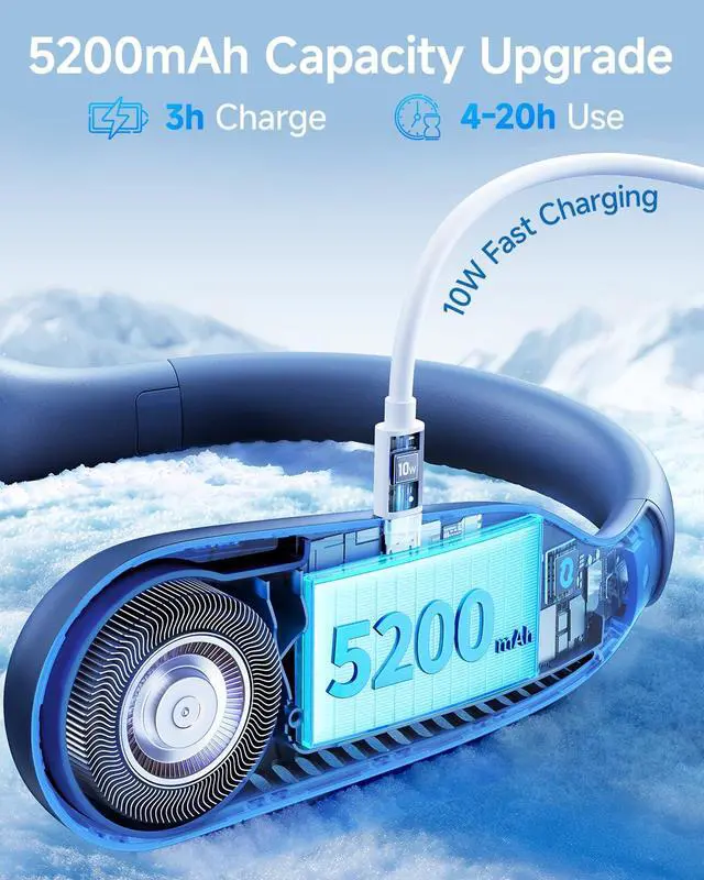 Alt view image 4 of 7 - Portable Neck Fan: 5200mAh Bladeless Personal Fan | 4 Speeds, 20H Max Runtime, No Hair Twist Quiet Wearable Fan for Travel | Birthday Gifts for Men Women Mom Dad