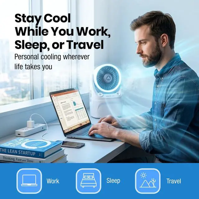 Alt view image 3 of 7 - Ice Jet X3 Portable Air Cooler,Dual Mist Modes, Up to 8-Hour Cooling Time, 3-Speed Portable Cooler with Adjustable Airflow, USB C, LED Mood Light, Lightweight, Great for Home & Travel