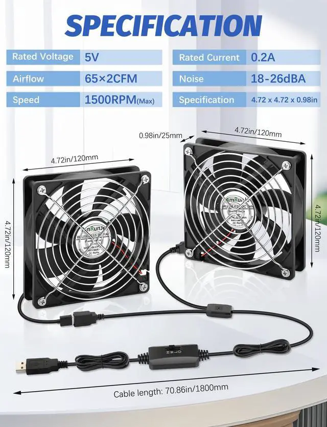 Alt view image 5 of 6 - USB Cooling Fan 120mm 5V Brushless with Speed Controller 2 Packs