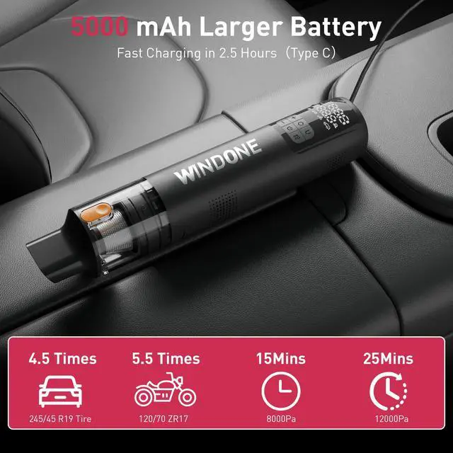 Alt view image 5 of 7 - Car Vacuum, 12000Pa 2-in-1 Cleaner & Tire Inflator 150PSI