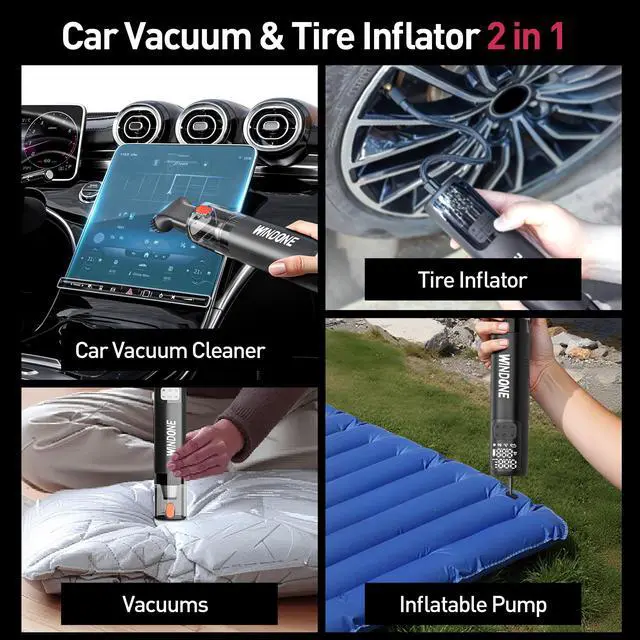 Alt view image 6 of 7 - Car Vacuum, 12000Pa 2-in-1 Cleaner & Tire Inflator 150PSI