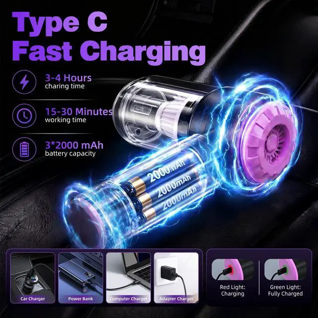 Alt view image 3 of 6 - Handheld Car Vacuum Cleaner,25000PA Strong Cyclonic Suction Car Vacuum Portable Cordless with Digital Display Mini Vacuum for Car, Home, Office, Kitchen (Purple)