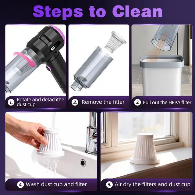 Alt view image 6 of 6 - Handheld Car Vacuum Cleaner,25000PA Strong Cyclonic Suction Car Vacuum Portable Cordless with Digital Display Mini Vacuum for Car, Home, Office, Kitchen (Purple)