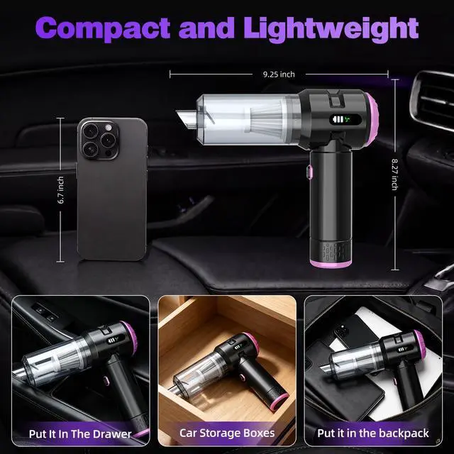 Alt view image 4 of 6 - Handheld Car Vacuum Cleaner,25000PA Strong Cyclonic Suction Car Vacuum Portable Cordless with Digital Display Mini Vacuum for Car, Home, Office, Kitchen (Purple)