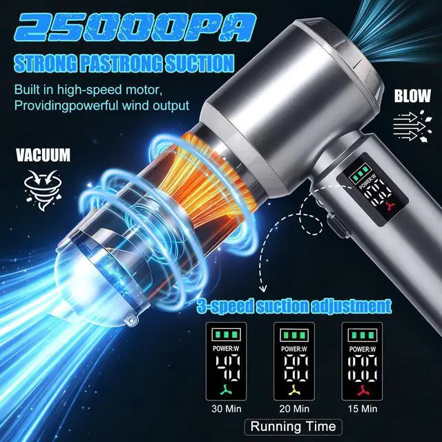 Alt view image 2 of 6 - 120W Cordless Handheld Vacuum Cleaner, 20000PA Powerful Suction Car Vacuum, 3 Speed, LED Display & Light, Portable Rechargeable Mini Vacuum for Car/Home/Office (Silver-Gray)