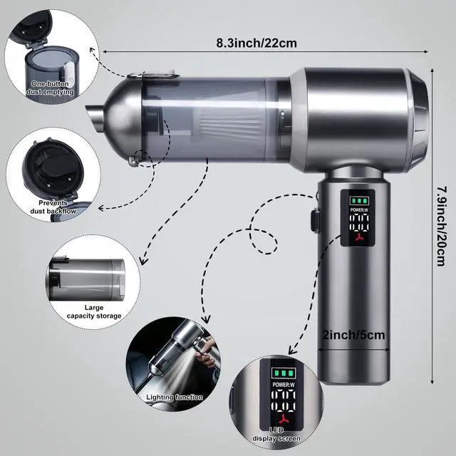 Alt view image 4 of 6 - 120W Cordless Handheld Vacuum Cleaner, 20000PA Powerful Suction Car Vacuum, 3 Speed, LED Display & Light, Portable Rechargeable Mini Vacuum for Car/Home/Office (Silver-Gray)