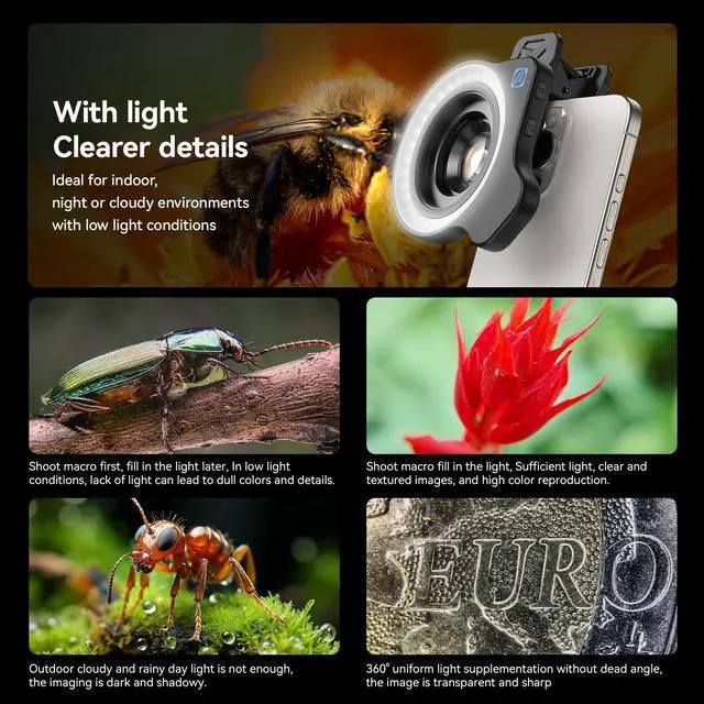 Alt view image 2 of 7 - HB100 10X HD Macro Lens for iPhone, F1.8 Aperture with 45 Fill Light Modes, Phone Clip for Smartphones Compatible with iPhone 17/16/15/14, Samsung, Google Pixel, and More