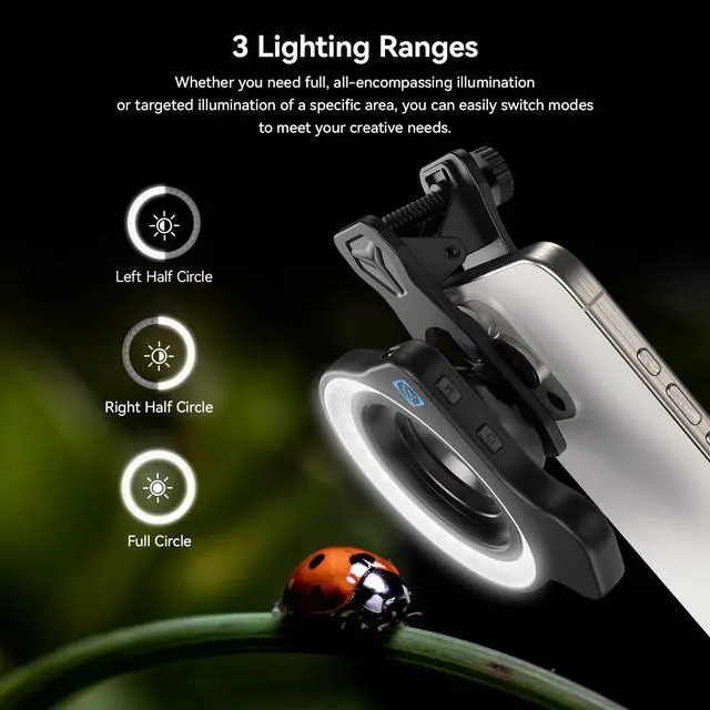 Alt view image 4 of 7 - HB100 10X HD Macro Lens for iPhone, F1.8 Aperture with 45 Fill Light Modes, Phone Clip for Smartphones Compatible with iPhone 17/16/15/14, Samsung, Google Pixel, and More
