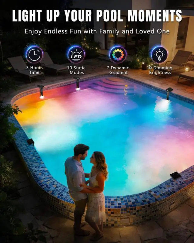 Alt view image 5 of 7 - 2026 Upgrade Solar Pool Lights Only for Inground Pool & Steel Wall Above Ground Pool, IP68 Waterproof, 17 Lighting, 6800mAh, Underwater Submersible Pool Lights with Remote, for Pool Party(1 Pack)