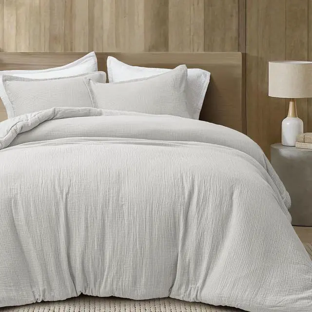 Main image of Cotton Muslin Comforter Set Queen 100% Cotton Cover, Ultra Soft & Breathable, 3PCS Lightweight All-Season Bedding with Polyester Fill, 1 Comforter 90"x90" & 2 Pillow Shams 20"x26", Light Grey