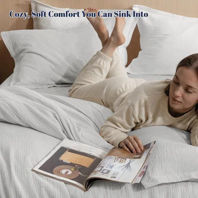 Alt view image 2 of 7 - Cotton Muslin Comforter Set Queen 100% Cotton Cover, Ultra Soft & Breathable, 3PCS Lightweight All-Season Bedding with Polyester Fill, 1 Comforter 90"x90" & 2 Pillow Shams 20"x26", Light Grey