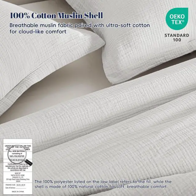 Alt view image 3 of 7 - Cotton Muslin Comforter Set Queen 100% Cotton Cover, Ultra Soft & Breathable, 3PCS Lightweight All-Season Bedding with Polyester Fill, 1 Comforter 90"x90" & 2 Pillow Shams 20"x26", Light Grey