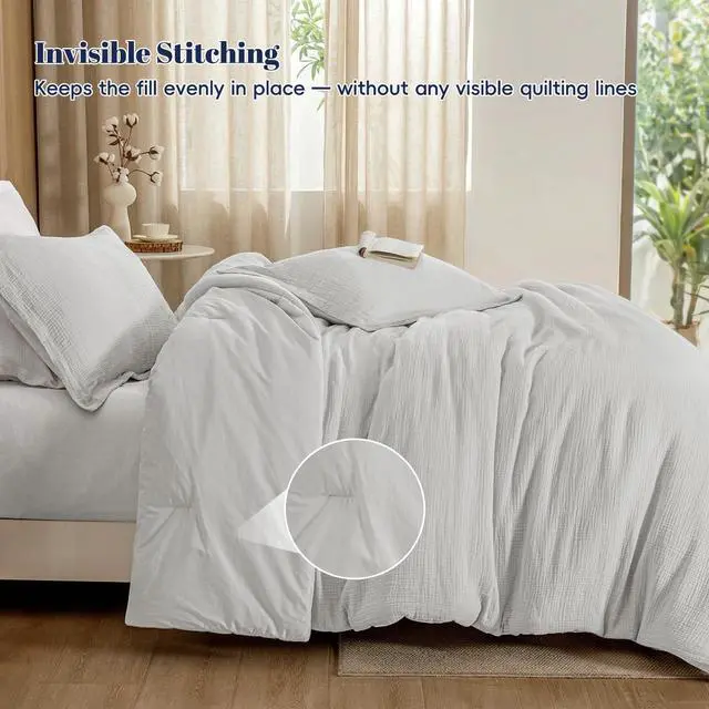 Alt view image 4 of 7 - Cotton Muslin Comforter Set Queen 100% Cotton Cover, Ultra Soft & Breathable, 3PCS Lightweight All-Season Bedding with Polyester Fill, 1 Comforter 90"x90" & 2 Pillow Shams 20"x26", Light Grey