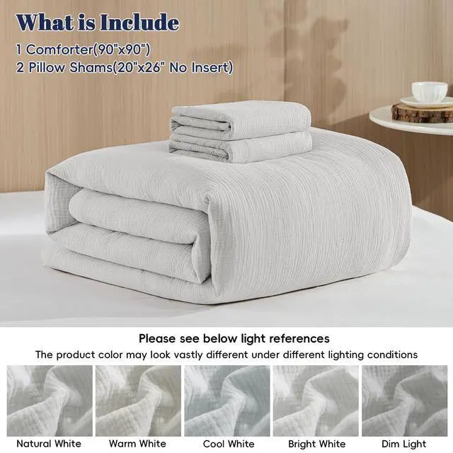 Alt view image 6 of 7 - Cotton Muslin Comforter Set Queen 100% Cotton Cover, Ultra Soft & Breathable, 3PCS Lightweight All-Season Bedding with Polyester Fill, 1 Comforter 90"x90" & 2 Pillow Shams 20"x26", Light Grey