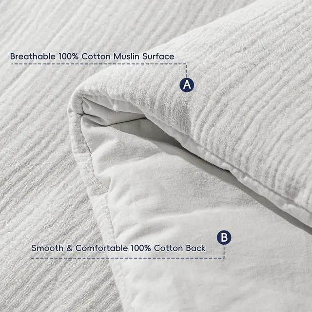 Alt view image 7 of 7 - Cotton Muslin Comforter Set Queen 100% Cotton Cover, Ultra Soft & Breathable, 3PCS Lightweight All-Season Bedding with Polyester Fill, 1 Comforter 90"x90" & 2 Pillow Shams 20"x26", Light Grey