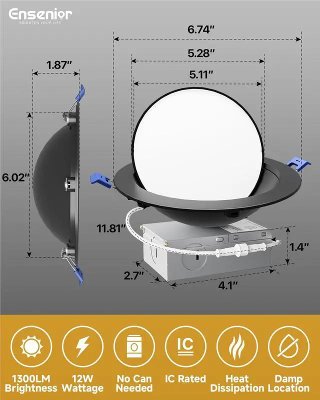 Alt view image 5 of 7 - 6 Pack 6 Inch Black LED Eyeball Gimbal Recessed Light, 5CCT