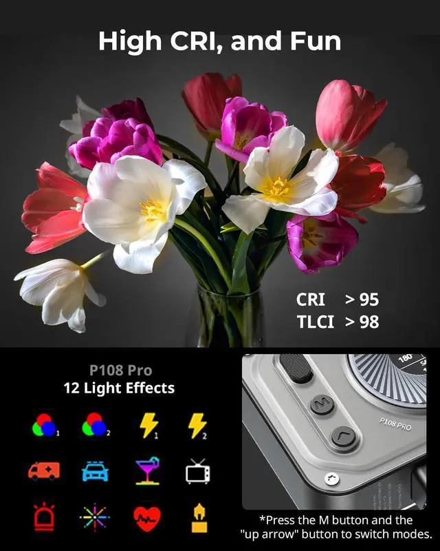 Alt view image 5 of 7 - Vibe P108 Pro RGB Video Light, Portable Led Camera Light for Photography, Cold Shoe Light, CRI95+, 2500-6500K, 12 Effects, Fill Light Accessories for Content Creator, Streaming