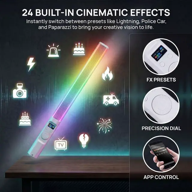 Alt view image 4 of 7 - RGB LED Handheld Fill Light Stick, 2600mAh Rechargeable Battery + Tripod, 360° Full Color, 24 Scene Modes, APP & Rotate Button Control for Vlogging, Live Streaming, Studio & Video Conference