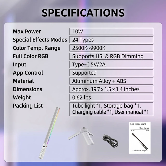 Alt view image 7 of 7 - RGB LED Handheld Fill Light Stick, 2600mAh Rechargeable Battery + Tripod, 360° Full Color, 24 Scene Modes, APP & Rotate Button Control for Vlogging, Live Streaming, Studio & Video Conference