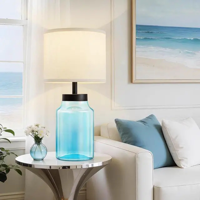 Alt view image 2 of 6 - Coastal Fillable Table Lamps, Bedside Lamps Set of 2 for Home Decor Nightstand Lamp with Clear Glass for Living Room Bedrooms Office Bulbs Included(Blue+White Shade)